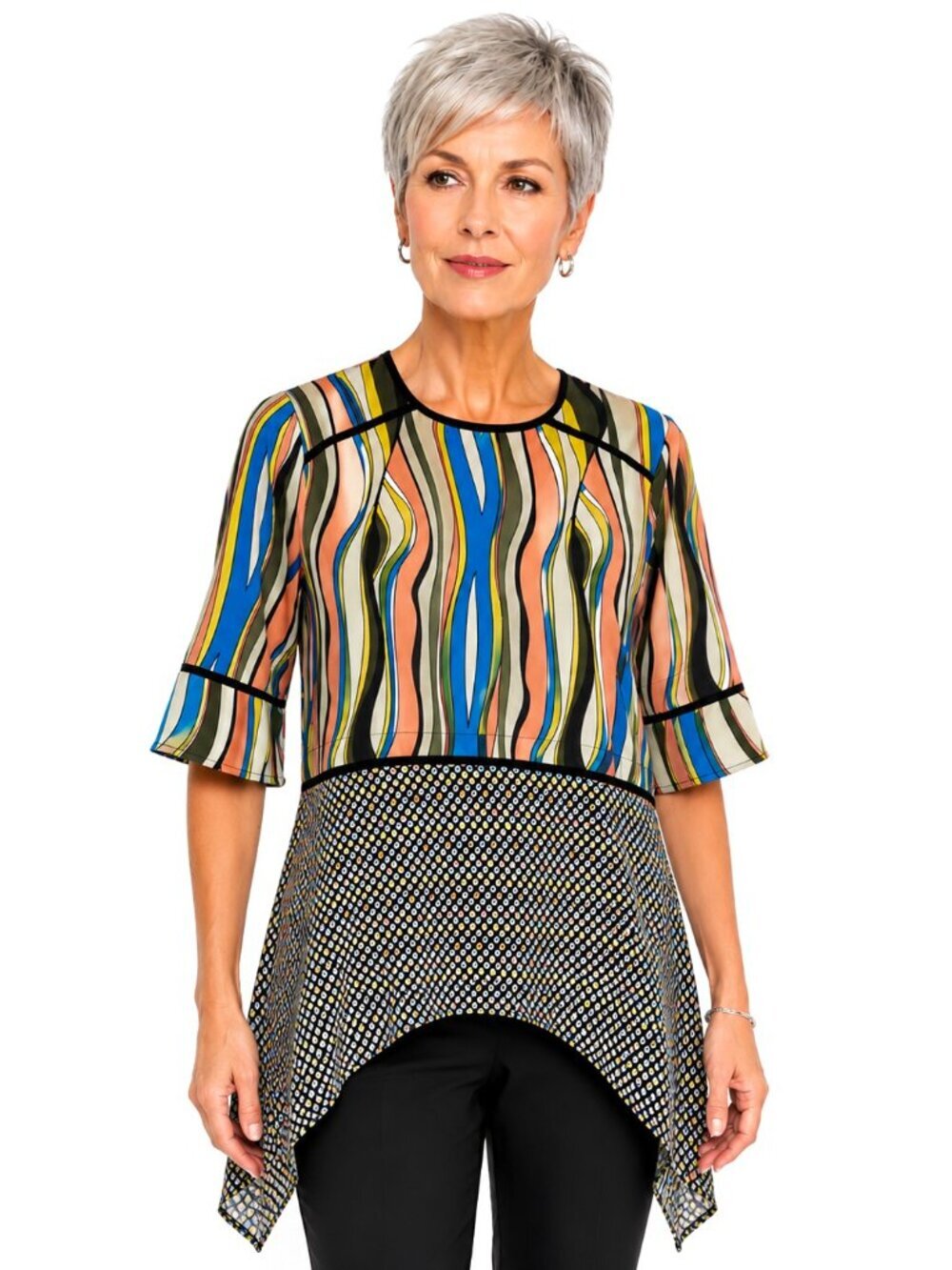 Belissa Asymmetrical Hem Mixed Print Top